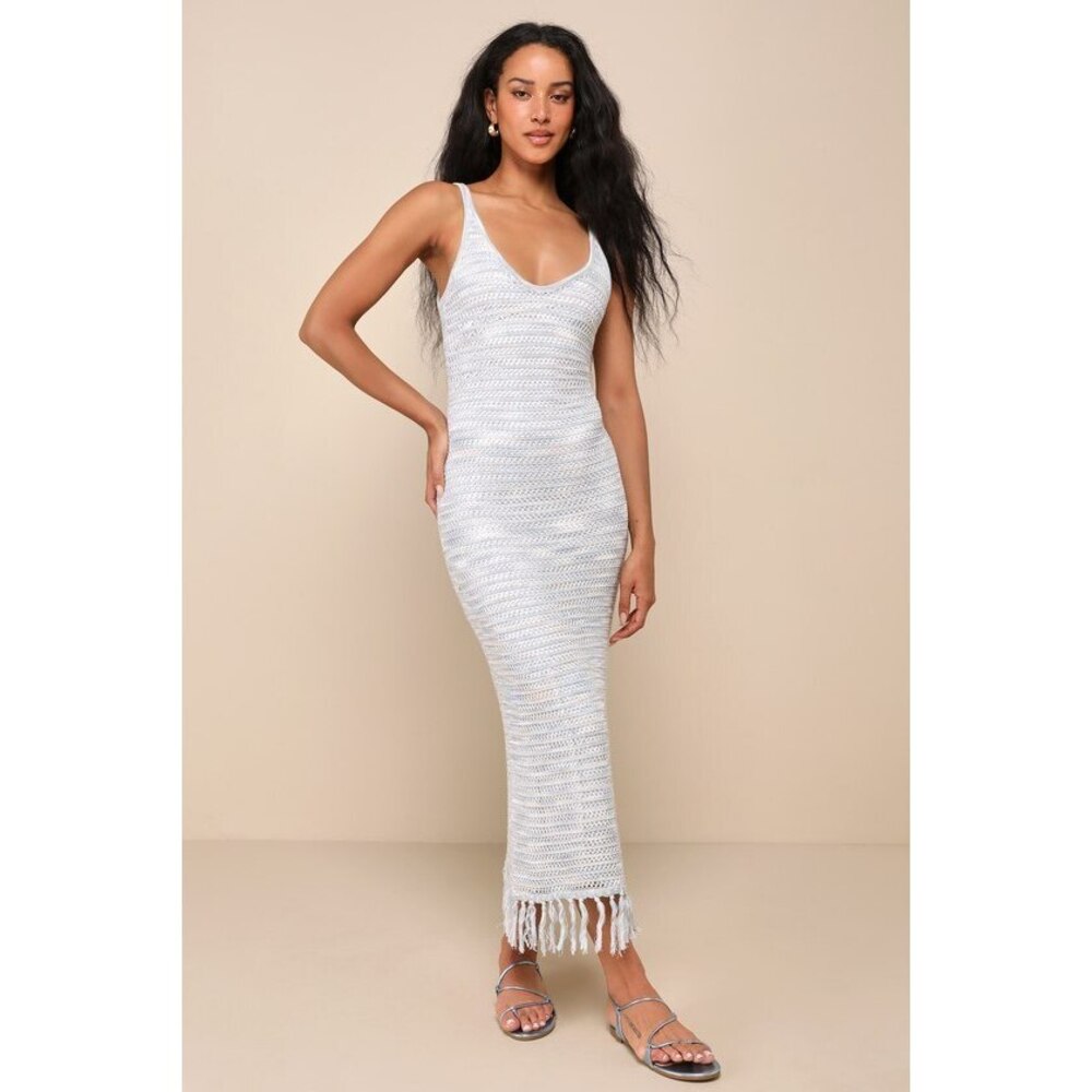 Lulus Summery Daydreams Blue Multi Space Dye Crochet Fringe Midi Dress - Size S